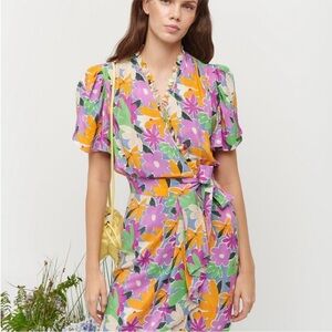 Celia B Liska Wrap Dress Floral Vneck Sundress Purple Green Short Sleeve L NEW